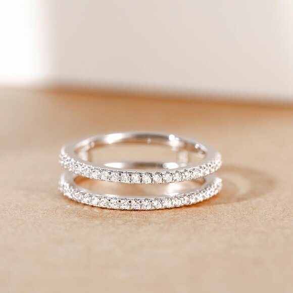 🆕 Women Silver Cubic Zirconia Half Eternity Stackable Engagement Double Ring - Picture 3 of 6